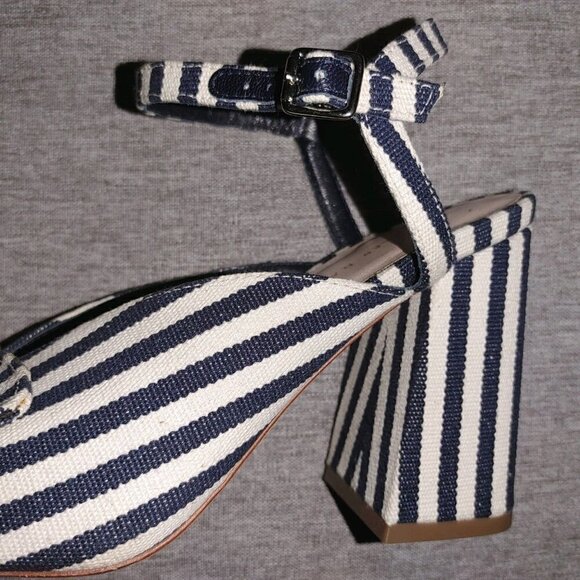 Loeffler Randall Leigh Striped Canvas Block Heel Sandal Navy and White Size 7B - Picture 6 of 9